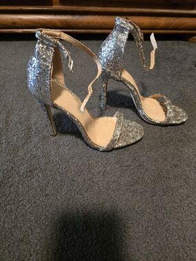Charlotte Russe Silver Glitter Ankle-Strap Stilettos